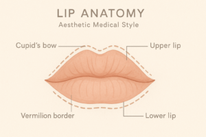 Stylised medical illustration of lips with aesthetic volume enhancement markers. The image labels key anatomical features including Cupid’s bow, vermillion border, upper lip, and lower lip. Rendered in soft neutral tones with clean lines and a modern, elegant design.